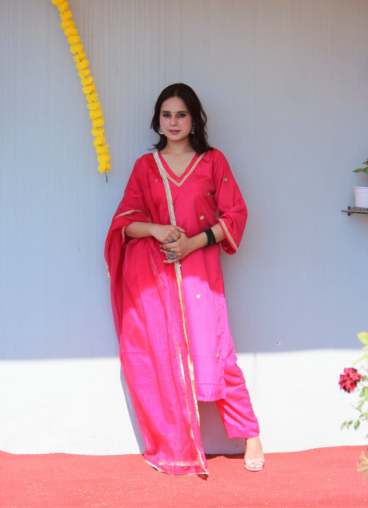 Hot pink silk set Patakha