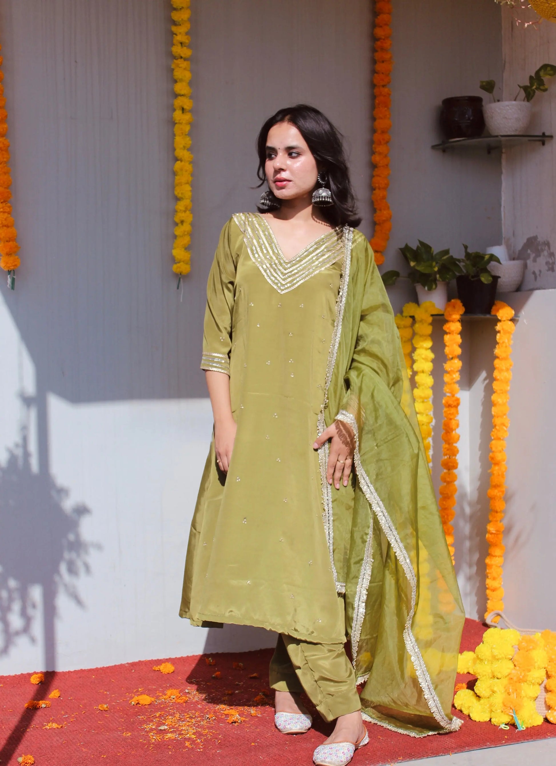 Olive Green Phulkari Set Patakha