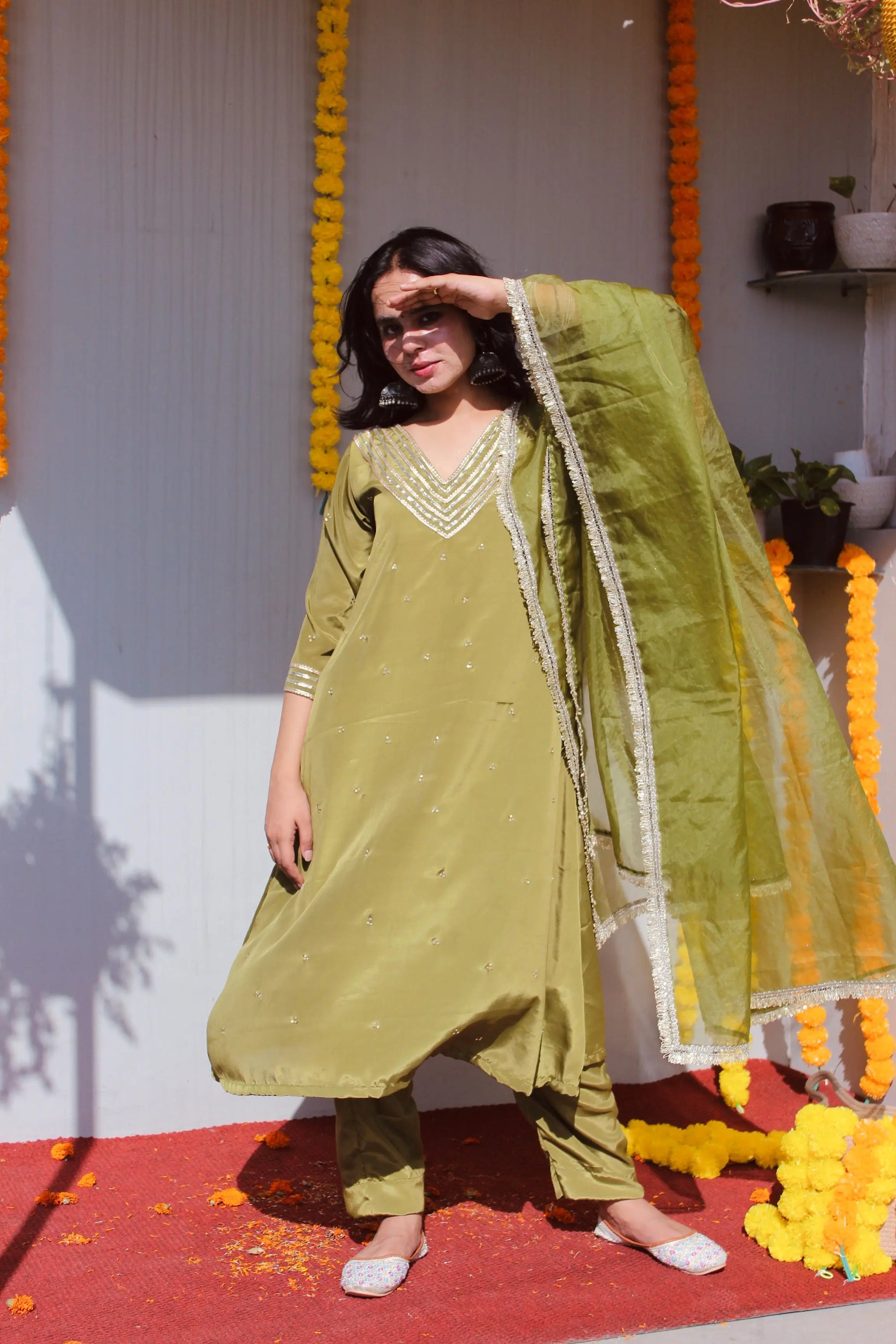 Olive Green Phulkari Set Patakha